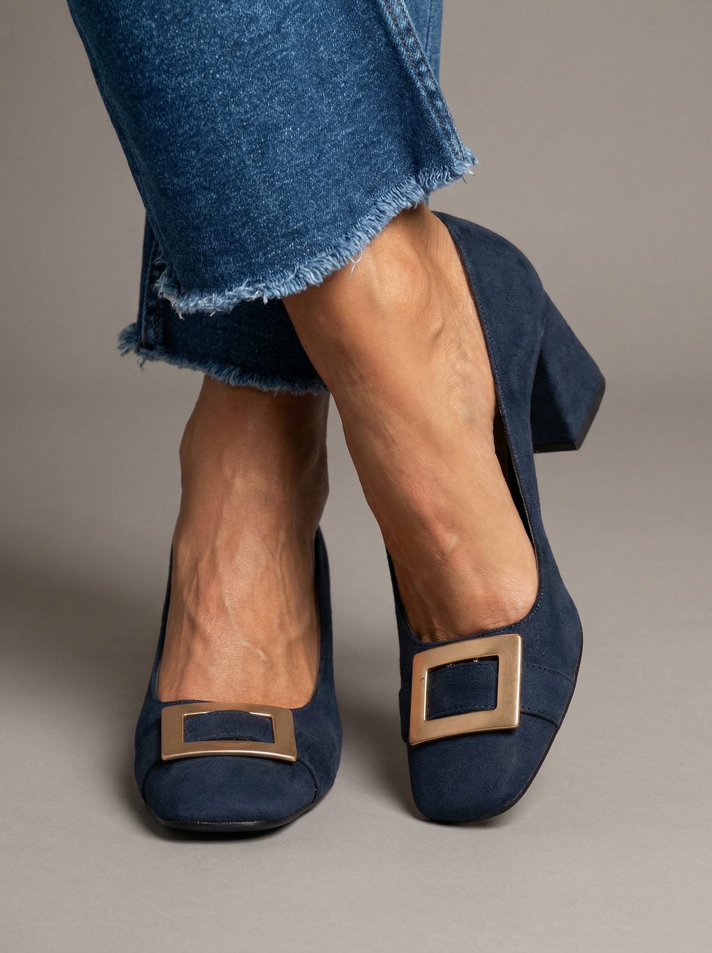 Capri Blu – Navy Block Heel Court Shoes with Buckle Detail