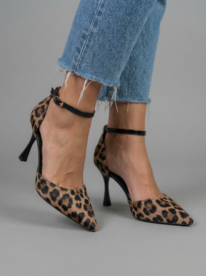 Cielo – Leopard Print Stiletto Court Shoes with Ankle Strap